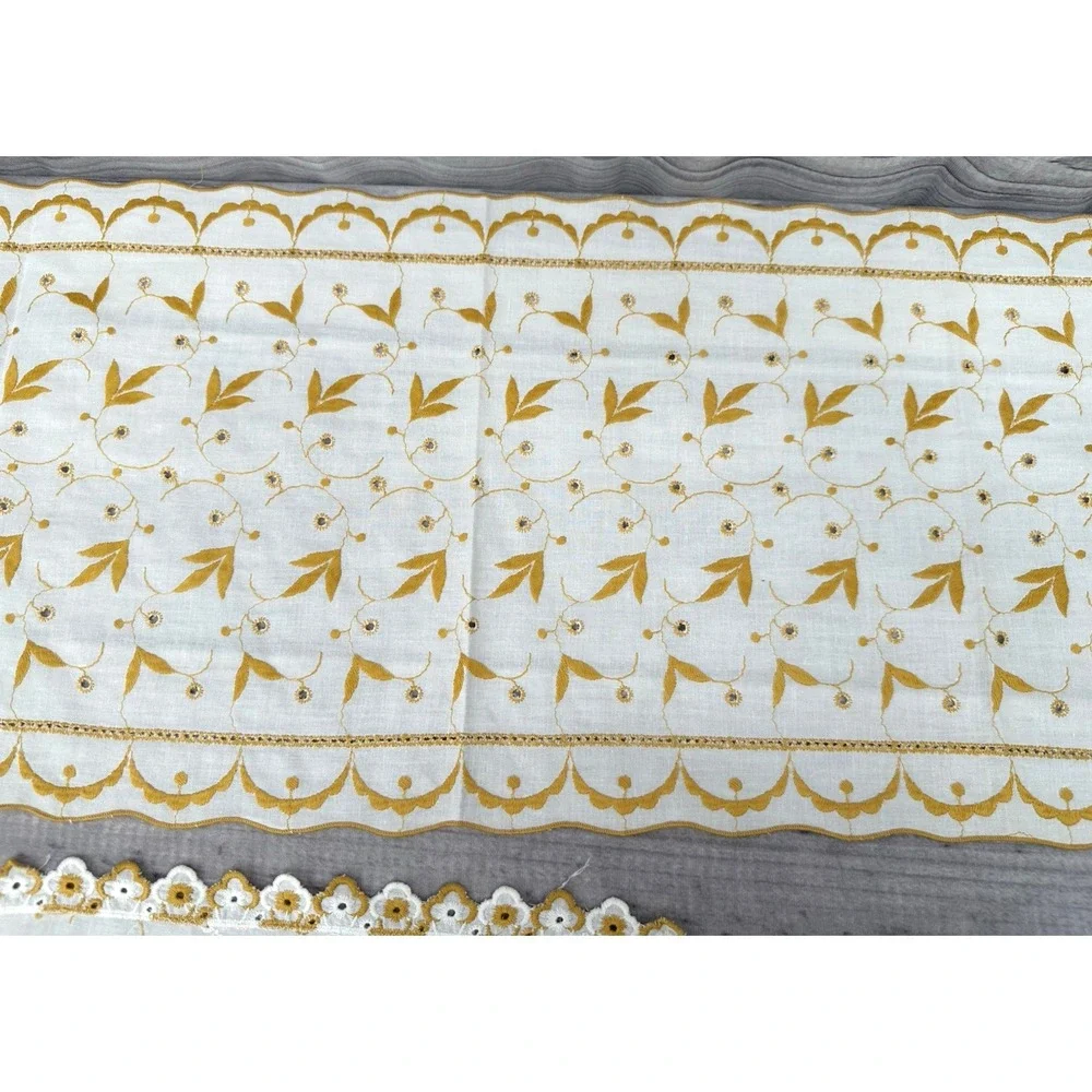 SET OF 2 VINTAGE EMBROIDERED EYELET TABLE / DRESSER SCARF - YELLOW GOLD‎    *15
